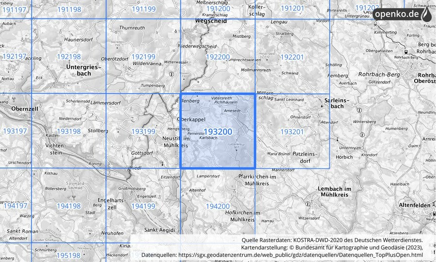 Übersichtskarte des KOSTRA-DWD-2020-Rasterfeldes Nr. 193200