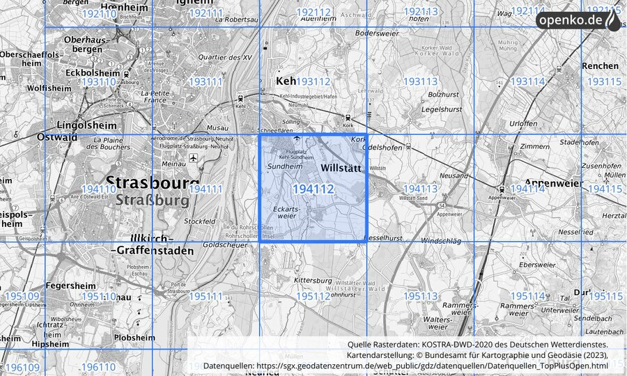 Übersichtskarte des KOSTRA-DWD-2020-Rasterfeldes Nr. 194112