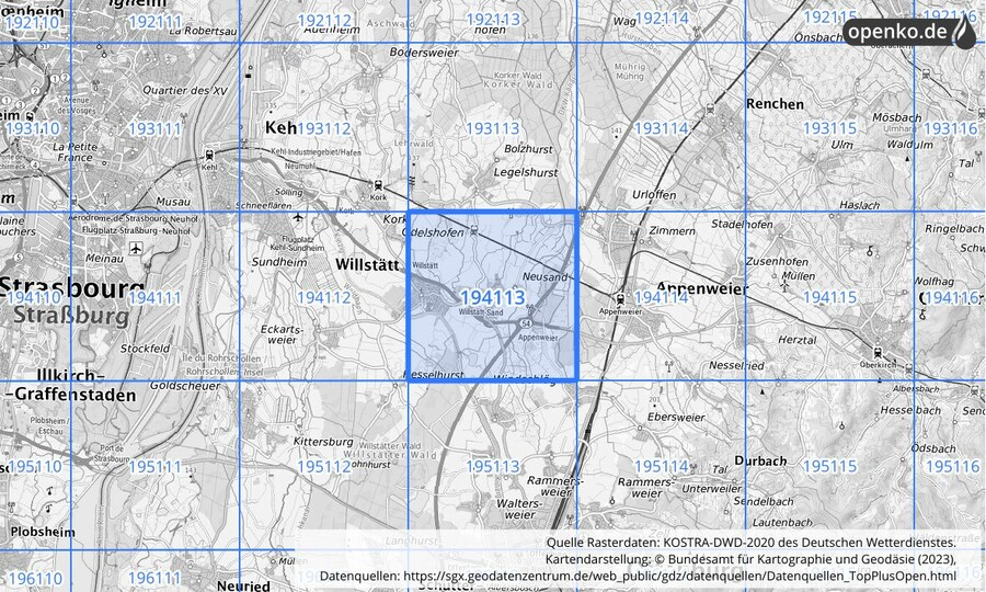 Übersichtskarte des KOSTRA-DWD-2020-Rasterfeldes Nr. 194113