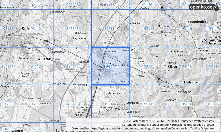 Übersichtskarte des KOSTRA-DWD-2020-Rasterfeldes Nr. 194114