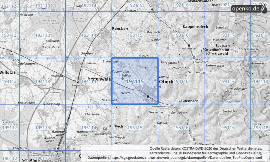 Übersichtskarte des KOSTRA-DWD-2020-Rasterfeldes Nr. 194115