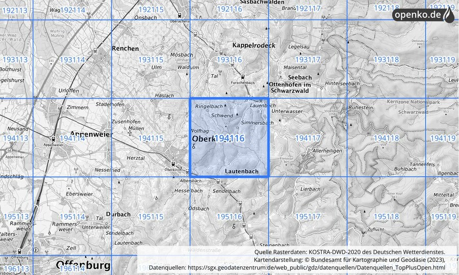 Übersichtskarte des KOSTRA-DWD-2020-Rasterfeldes Nr. 194116