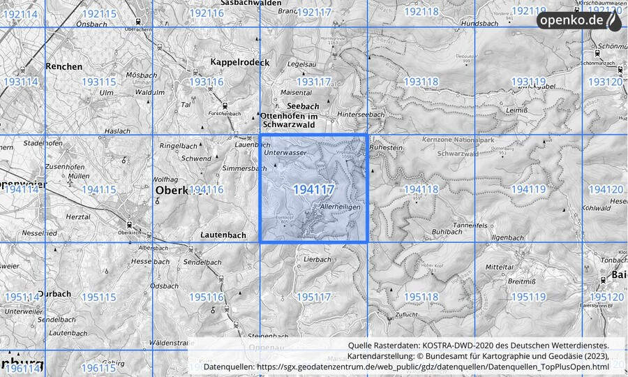 Übersichtskarte des KOSTRA-DWD-2020-Rasterfeldes Nr. 194117