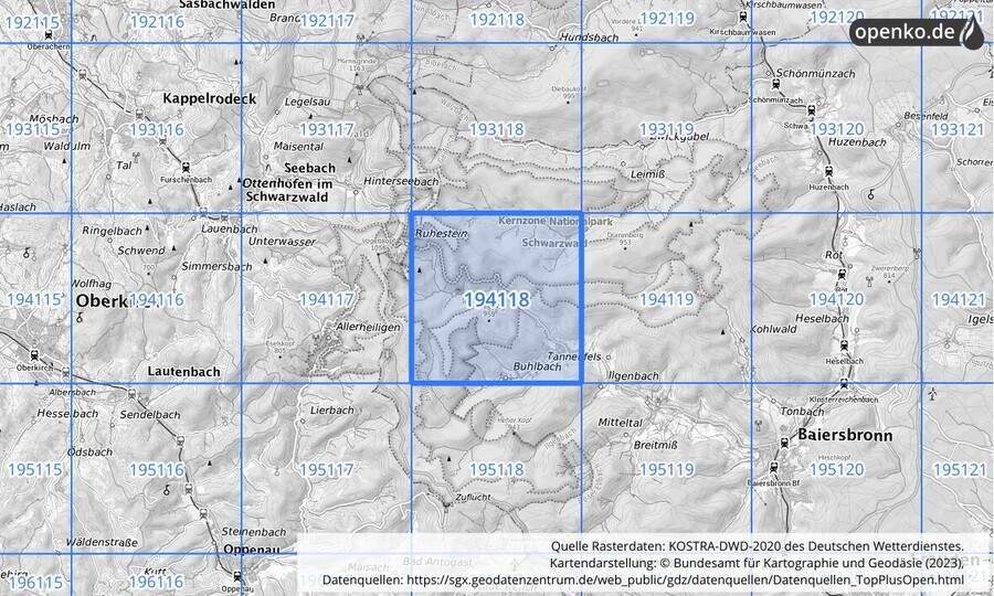 Übersichtskarte des KOSTRA-DWD-2020-Rasterfeldes Nr. 194118