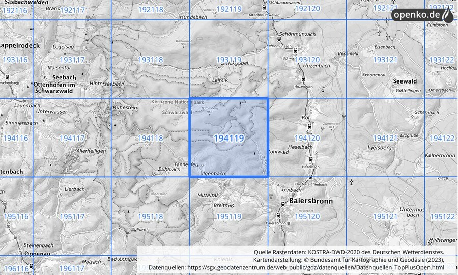 Übersichtskarte des KOSTRA-DWD-2020-Rasterfeldes Nr. 194119
