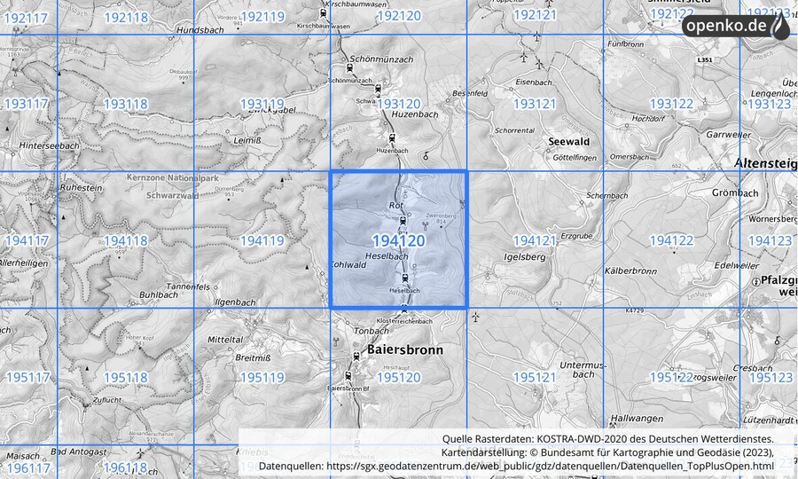 Übersichtskarte des KOSTRA-DWD-2020-Rasterfeldes Nr. 194120