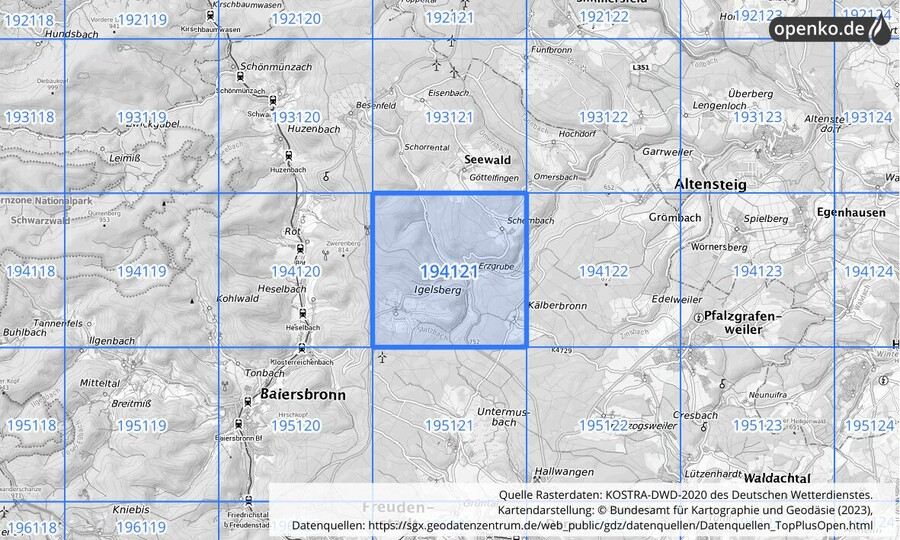 Übersichtskarte des KOSTRA-DWD-2020-Rasterfeldes Nr. 194121