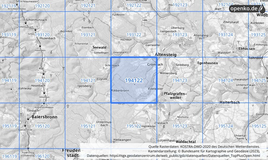 Übersichtskarte des KOSTRA-DWD-2020-Rasterfeldes Nr. 194122