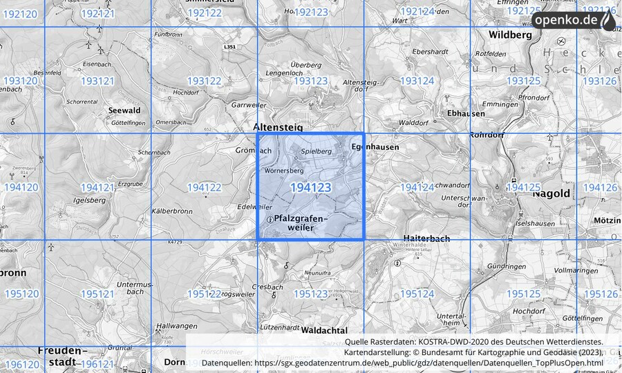 Übersichtskarte des KOSTRA-DWD-2020-Rasterfeldes Nr. 194123