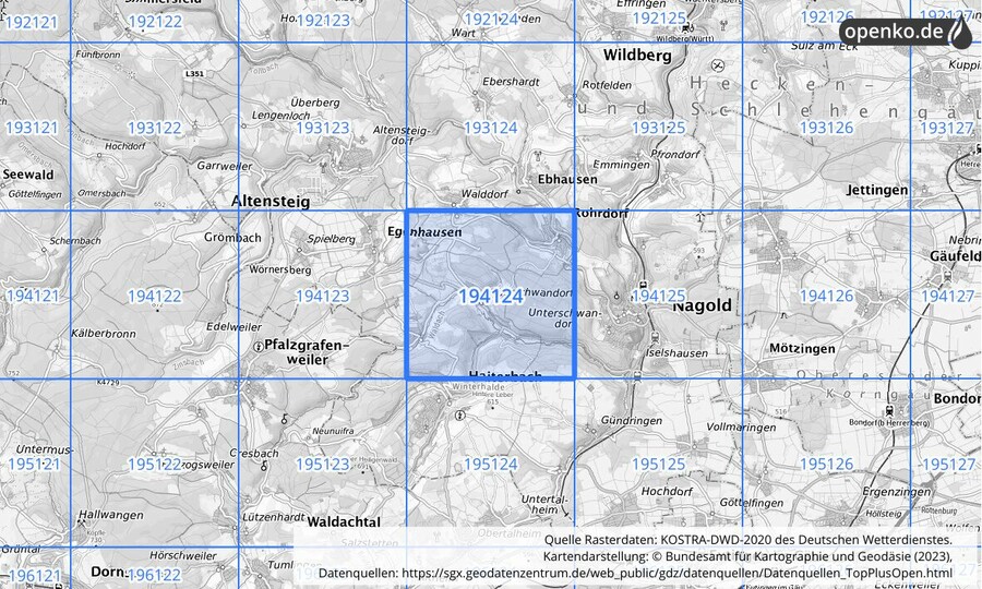 Übersichtskarte des KOSTRA-DWD-2020-Rasterfeldes Nr. 194124