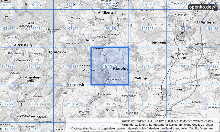 Übersichtskarte des KOSTRA-DWD-2020-Rasterfeldes Nr. 194125