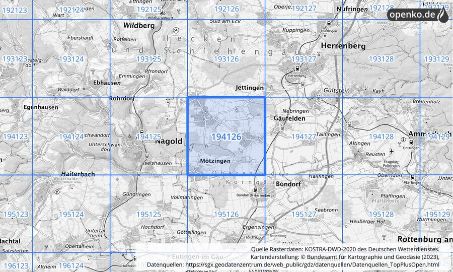 Übersichtskarte des KOSTRA-DWD-2020-Rasterfeldes Nr. 194126