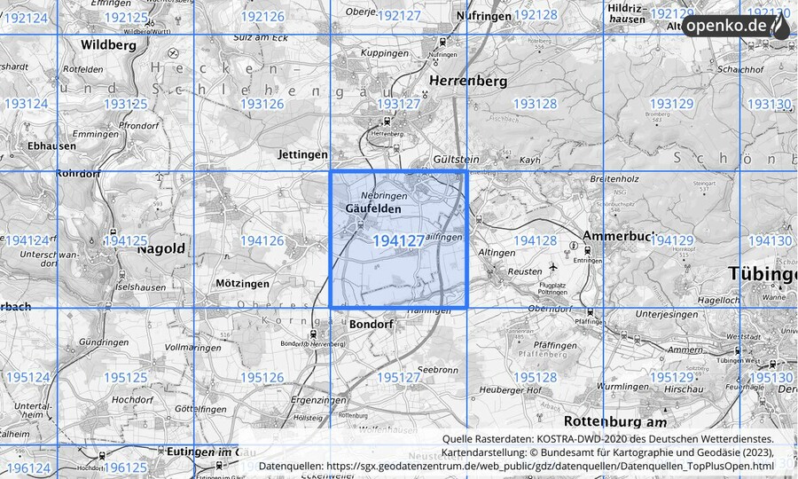 Übersichtskarte des KOSTRA-DWD-2020-Rasterfeldes Nr. 194127