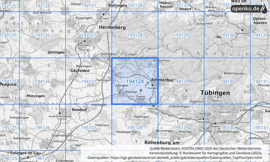 Übersichtskarte des KOSTRA-DWD-2020-Rasterfeldes Nr. 194128