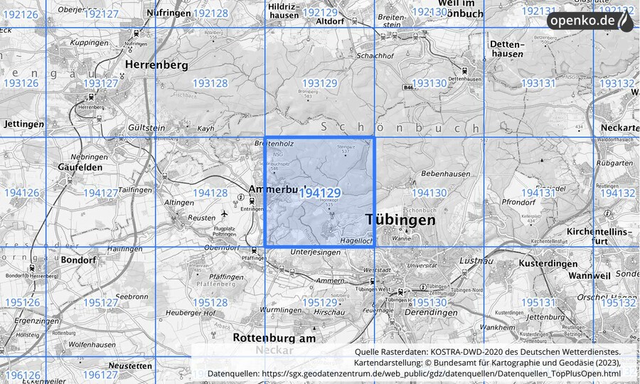 Übersichtskarte des KOSTRA-DWD-2020-Rasterfeldes Nr. 194129