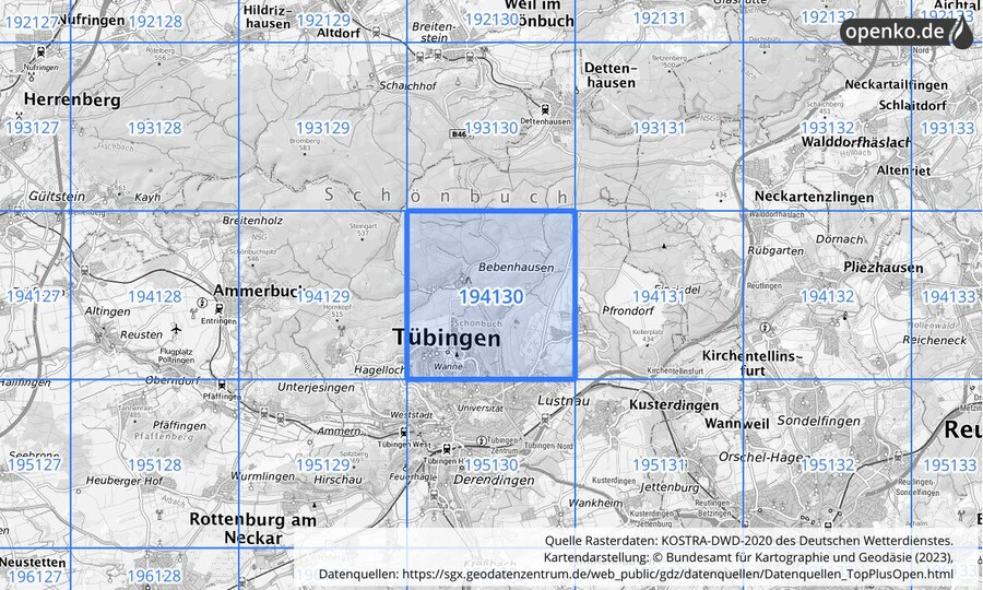 Übersichtskarte des KOSTRA-DWD-2020-Rasterfeldes Nr. 194130