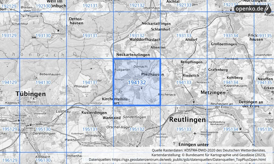 Übersichtskarte des KOSTRA-DWD-2020-Rasterfeldes Nr. 194132