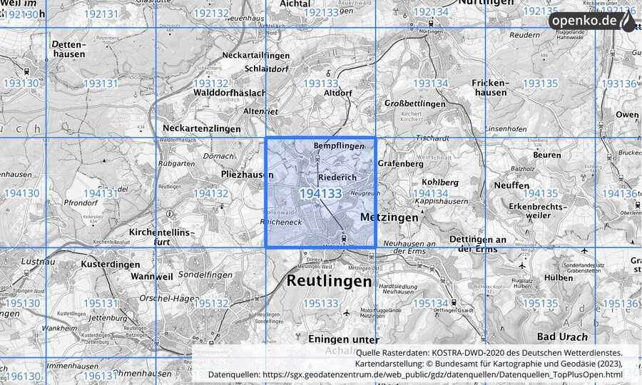 Übersichtskarte des KOSTRA-DWD-2020-Rasterfeldes Nr. 194133