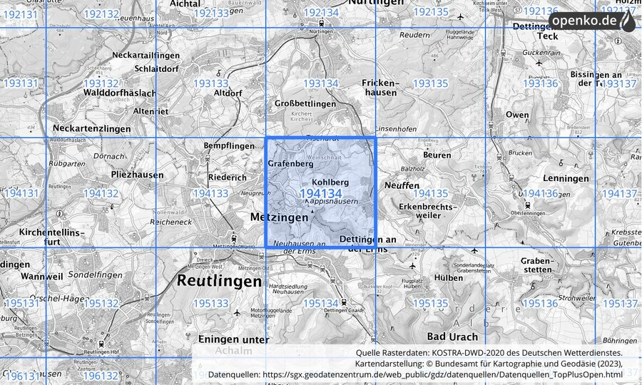 Übersichtskarte des KOSTRA-DWD-2020-Rasterfeldes Nr. 194134