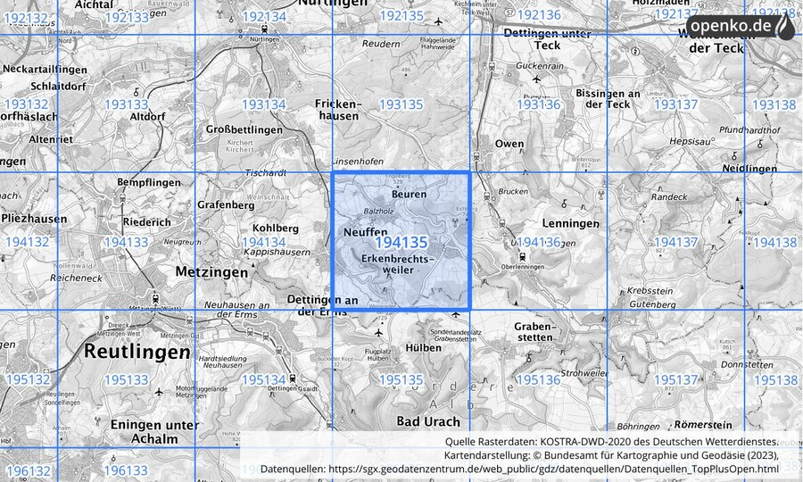 Übersichtskarte des KOSTRA-DWD-2020-Rasterfeldes Nr. 194135