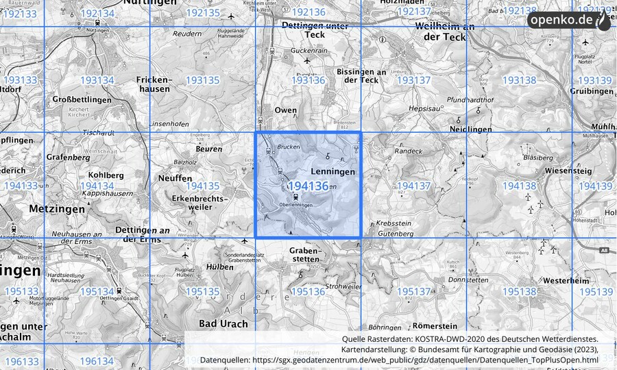 Übersichtskarte des KOSTRA-DWD-2020-Rasterfeldes Nr. 194136