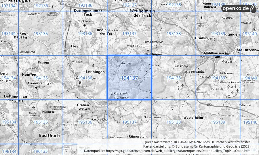 Übersichtskarte des KOSTRA-DWD-2020-Rasterfeldes Nr. 194137