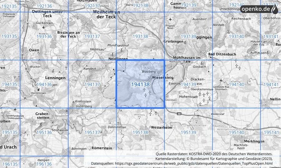 Übersichtskarte des KOSTRA-DWD-2020-Rasterfeldes Nr. 194138