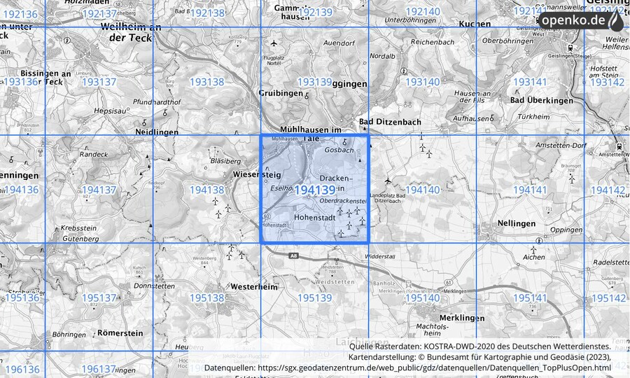 Übersichtskarte des KOSTRA-DWD-2020-Rasterfeldes Nr. 194139