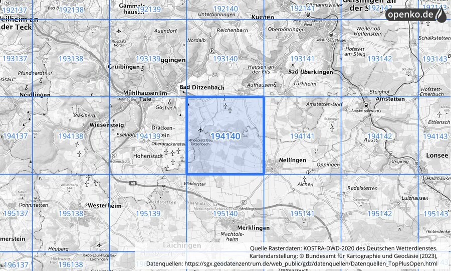 Übersichtskarte des KOSTRA-DWD-2020-Rasterfeldes Nr. 194140