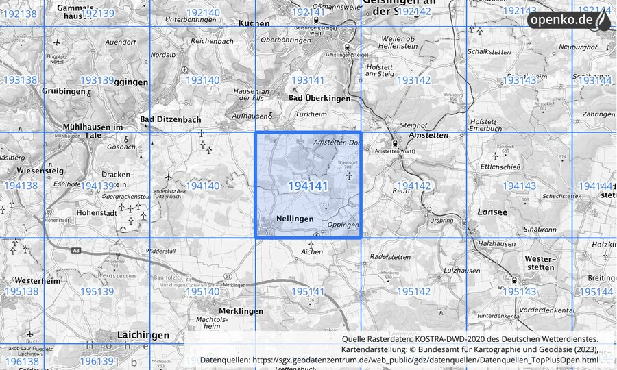 Übersichtskarte des KOSTRA-DWD-2020-Rasterfeldes Nr. 194141