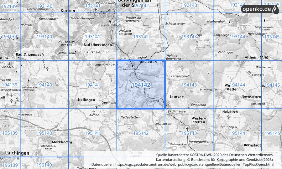 Übersichtskarte des KOSTRA-DWD-2020-Rasterfeldes Nr. 194142