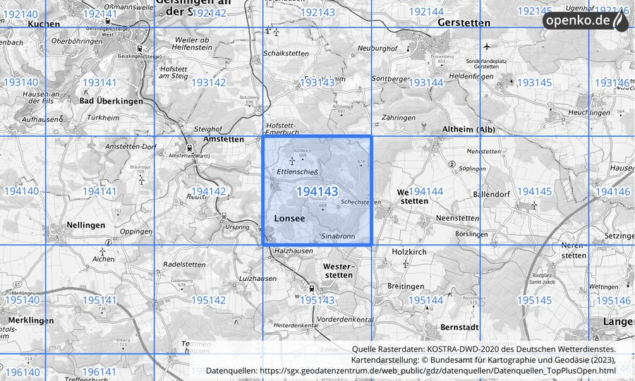 Übersichtskarte des KOSTRA-DWD-2020-Rasterfeldes Nr. 194143