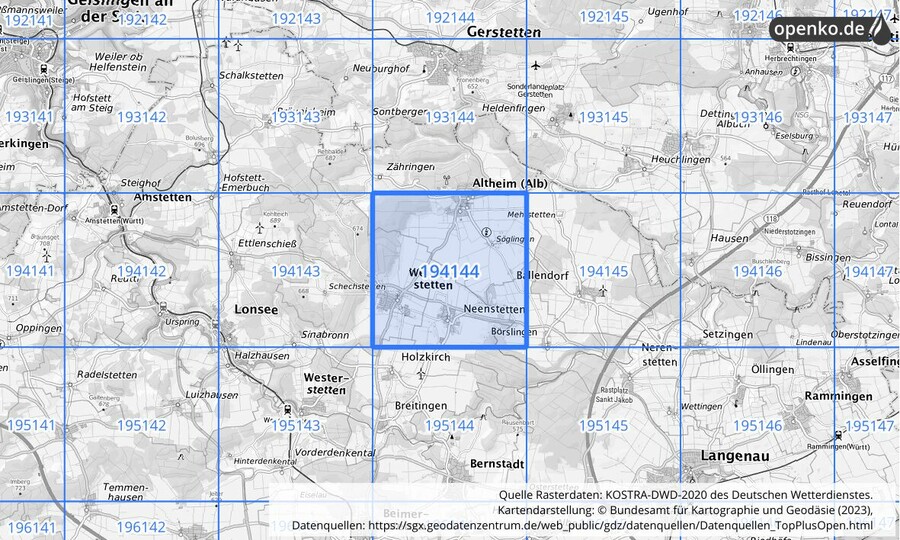 Übersichtskarte des KOSTRA-DWD-2020-Rasterfeldes Nr. 194144