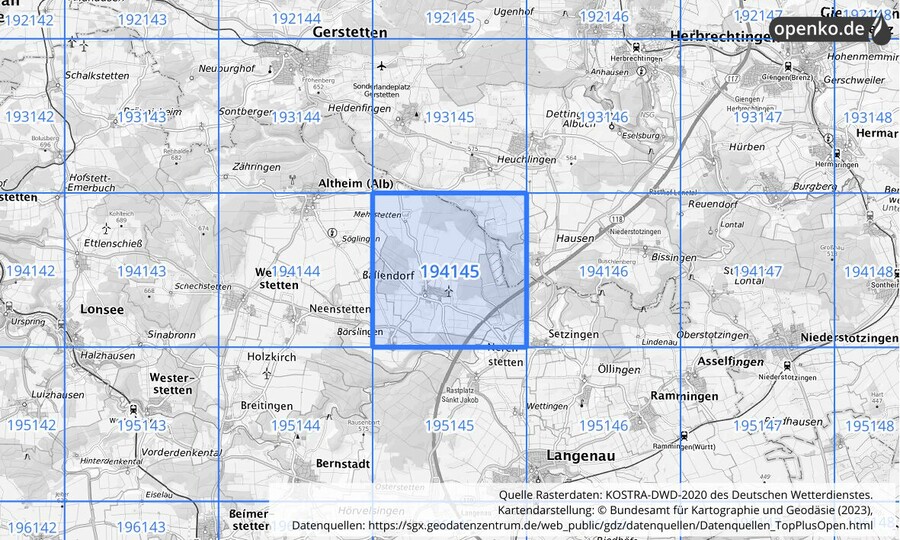 Übersichtskarte des KOSTRA-DWD-2020-Rasterfeldes Nr. 194145