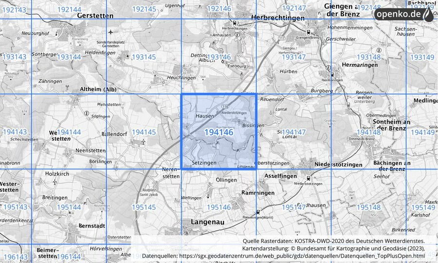 Übersichtskarte des KOSTRA-DWD-2020-Rasterfeldes Nr. 194146