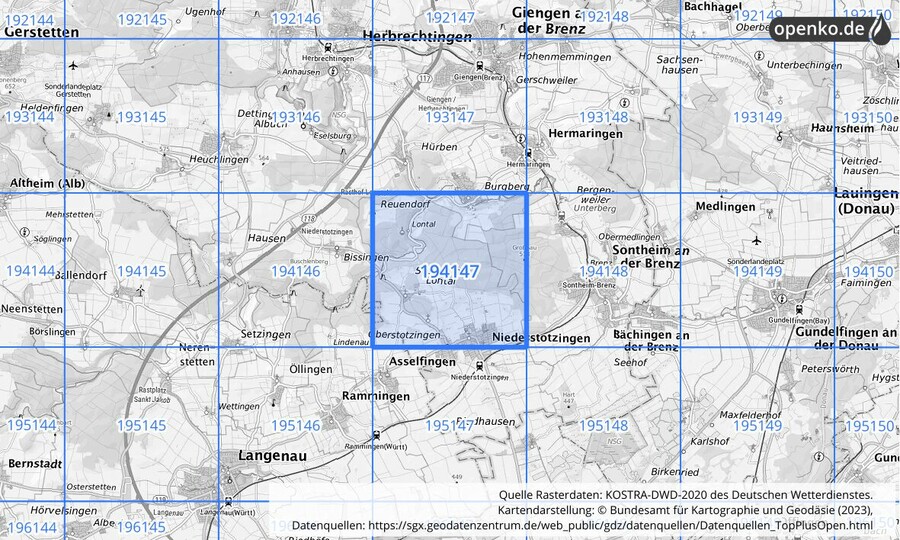 Übersichtskarte des KOSTRA-DWD-2020-Rasterfeldes Nr. 194147