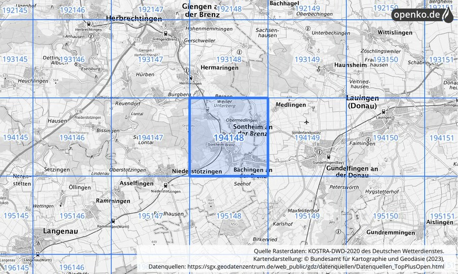 Übersichtskarte des KOSTRA-DWD-2020-Rasterfeldes Nr. 194148