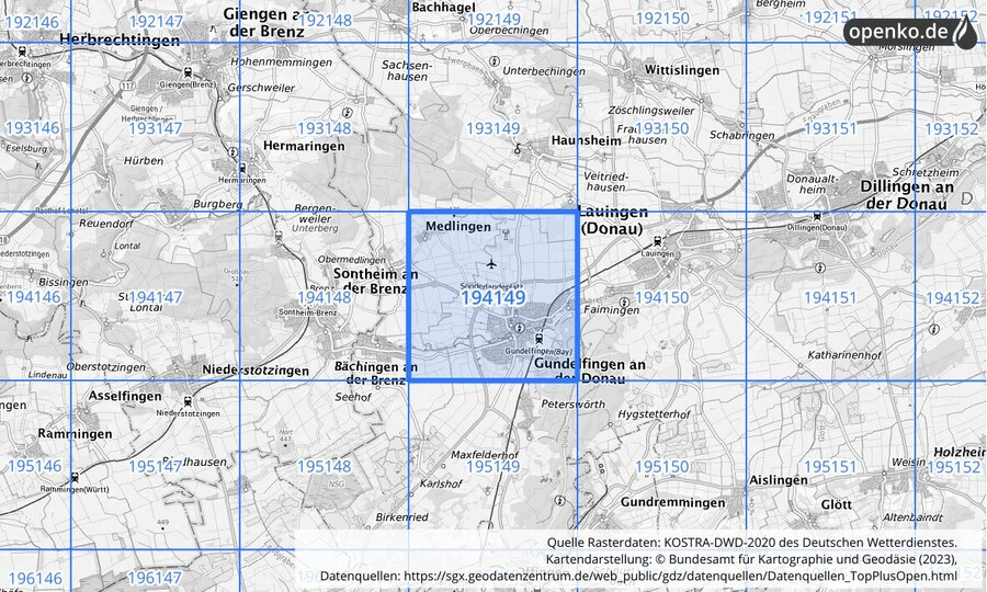 Übersichtskarte des KOSTRA-DWD-2020-Rasterfeldes Nr. 194149