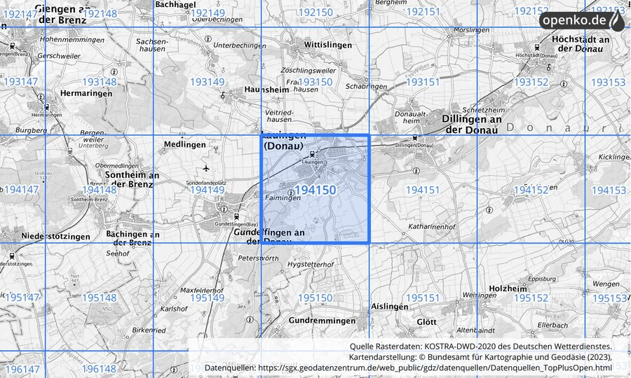 Übersichtskarte des KOSTRA-DWD-2020-Rasterfeldes Nr. 194150