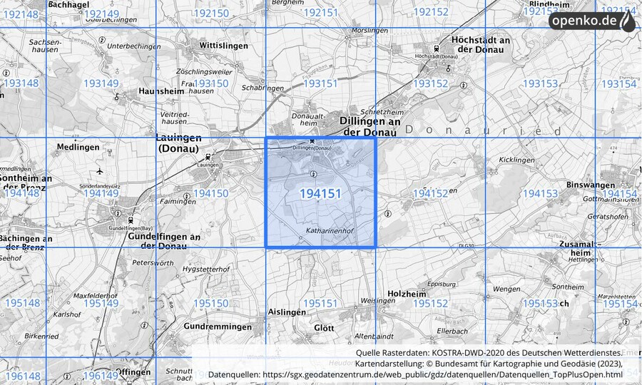 Übersichtskarte des KOSTRA-DWD-2020-Rasterfeldes Nr. 194151