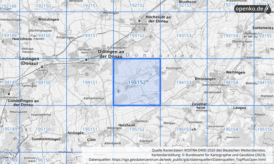 Übersichtskarte des KOSTRA-DWD-2020-Rasterfeldes Nr. 194152