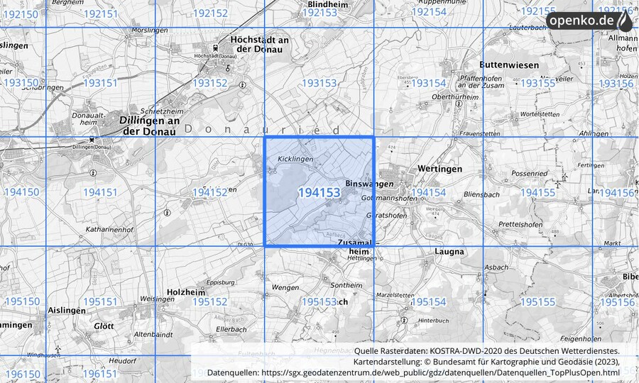 Übersichtskarte des KOSTRA-DWD-2020-Rasterfeldes Nr. 194153