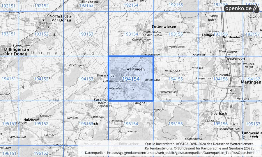 Übersichtskarte des KOSTRA-DWD-2020-Rasterfeldes Nr. 194154