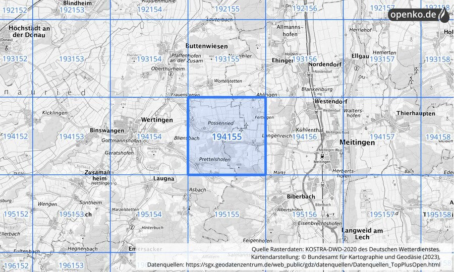 Übersichtskarte des KOSTRA-DWD-2020-Rasterfeldes Nr. 194155