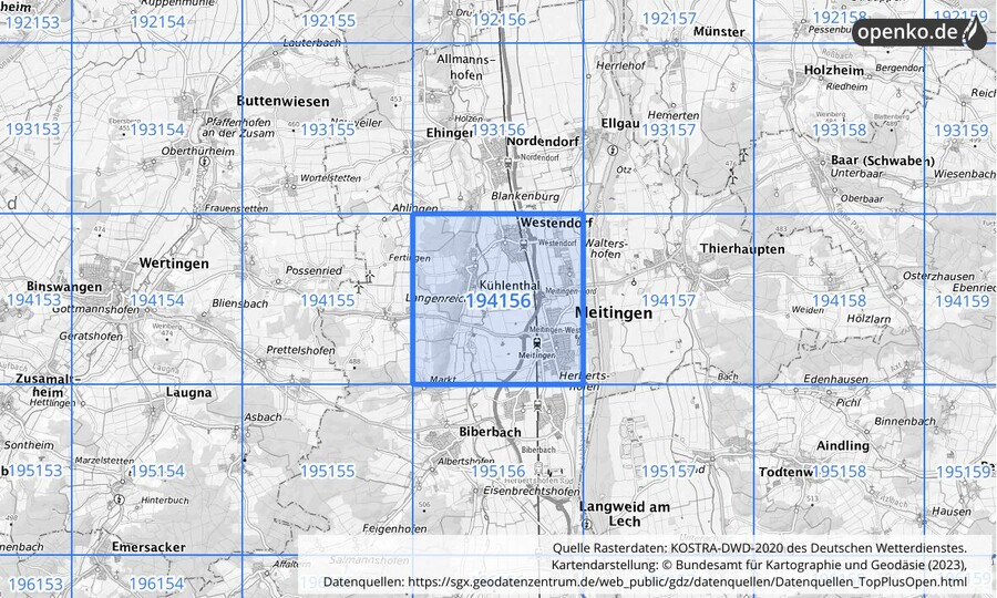 Übersichtskarte des KOSTRA-DWD-2020-Rasterfeldes Nr. 194156