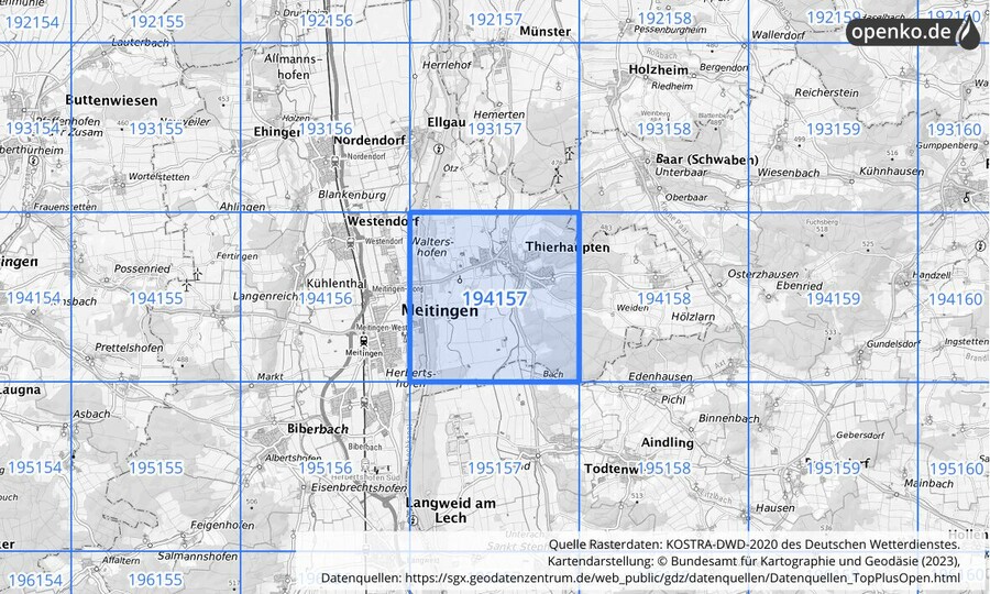 Übersichtskarte des KOSTRA-DWD-2020-Rasterfeldes Nr. 194157