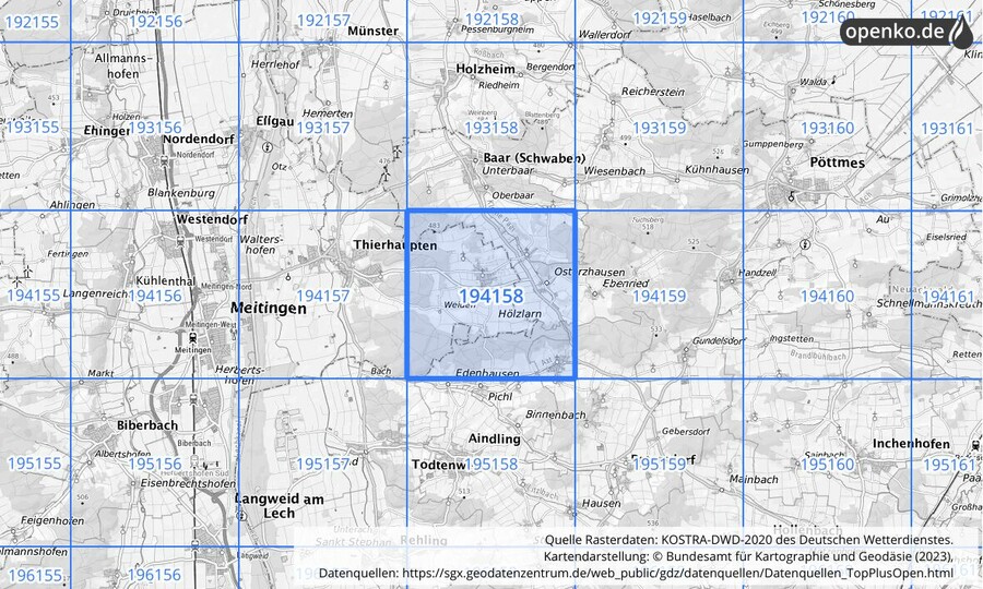 Übersichtskarte des KOSTRA-DWD-2020-Rasterfeldes Nr. 194158