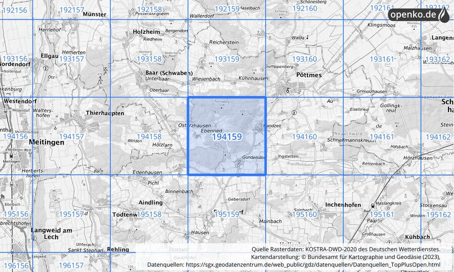 Übersichtskarte des KOSTRA-DWD-2020-Rasterfeldes Nr. 194159