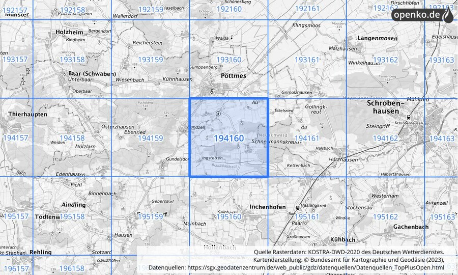 Übersichtskarte des KOSTRA-DWD-2020-Rasterfeldes Nr. 194160