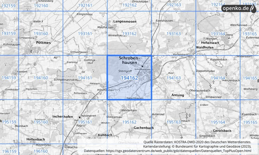 Übersichtskarte des KOSTRA-DWD-2020-Rasterfeldes Nr. 194162